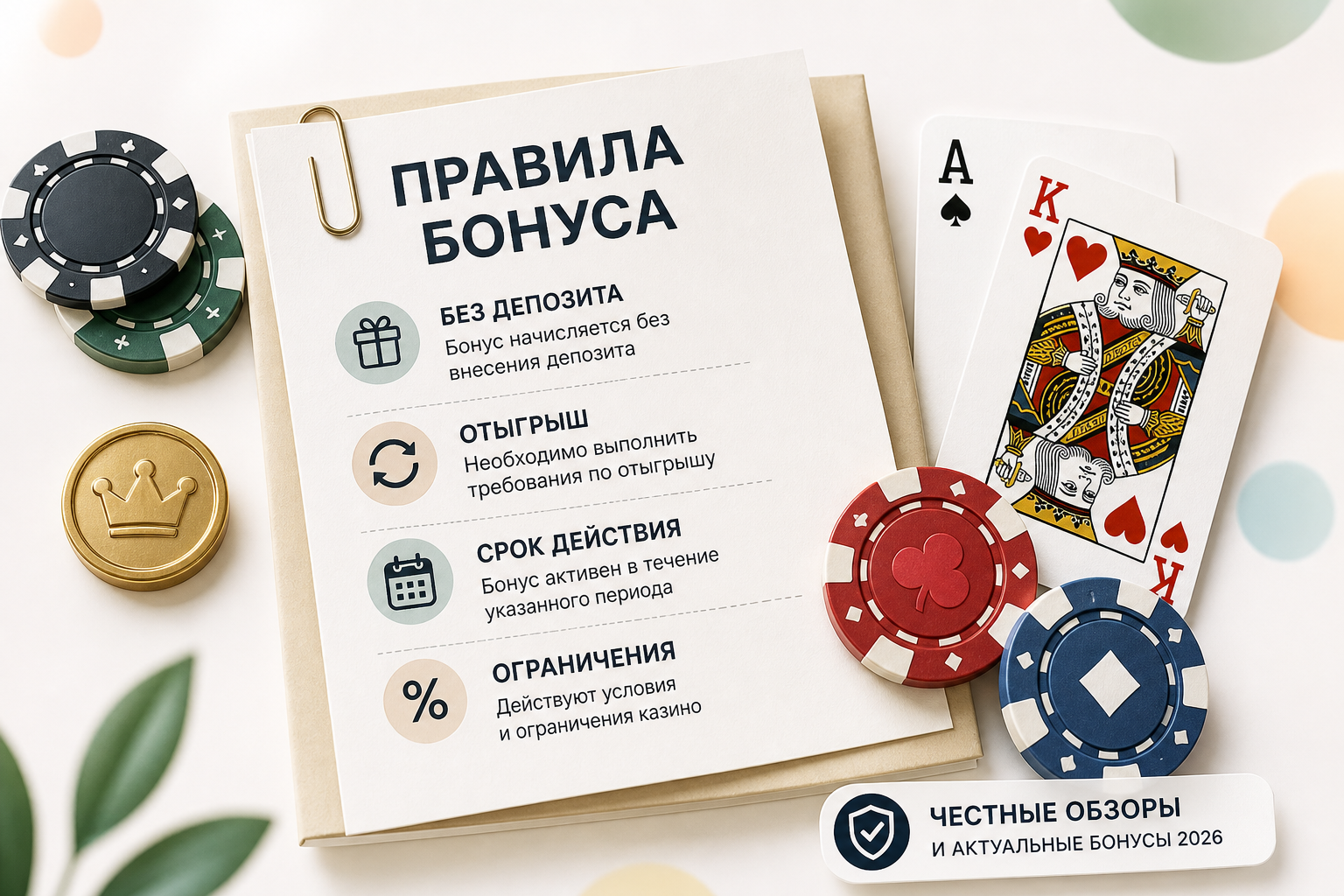 Редакционный коллаж для каталога казино 2026: фишки, карточки и чек-лист критериев бездепозитных бонусов